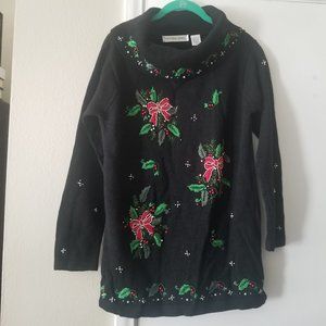 Victoria Jones S Black Christmas Sweater Bows Holly Beads Embroidery